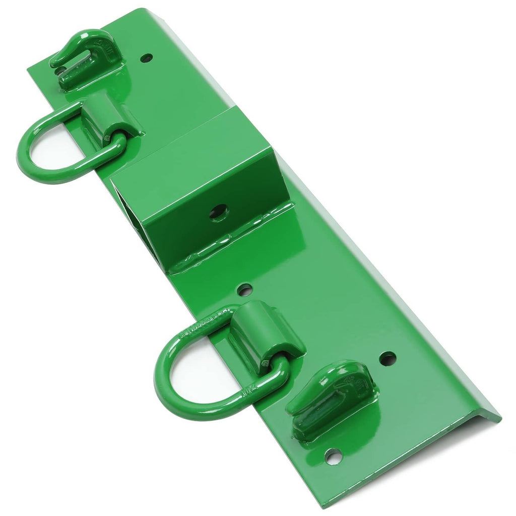 Angled view of green receiver mounting plate with two D-ring grab hooks