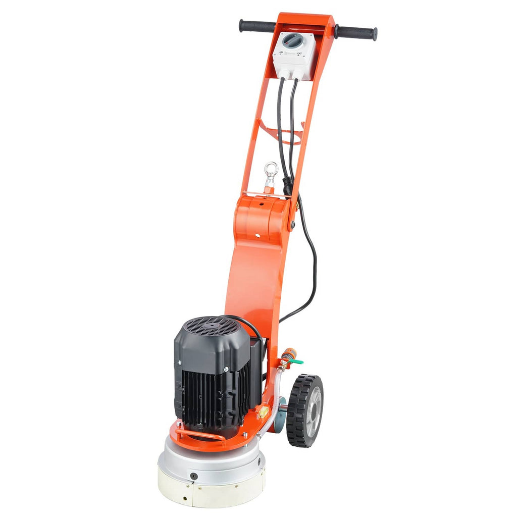 Orange walk-behind floor grinder with upright handle, motor housing, and wheeled base