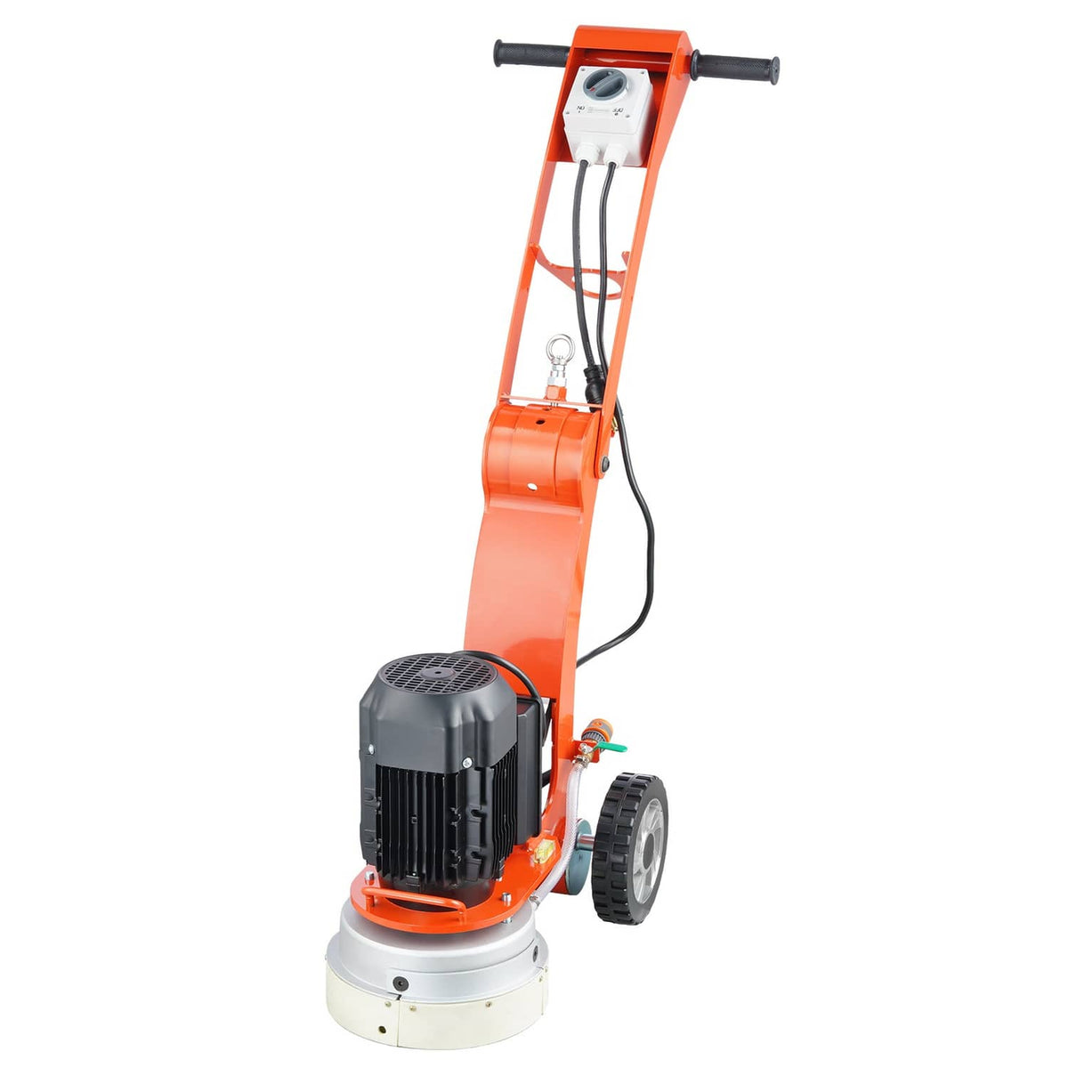 Orange walk-behind floor grinder with upright handle, motor housing, and wheeled base