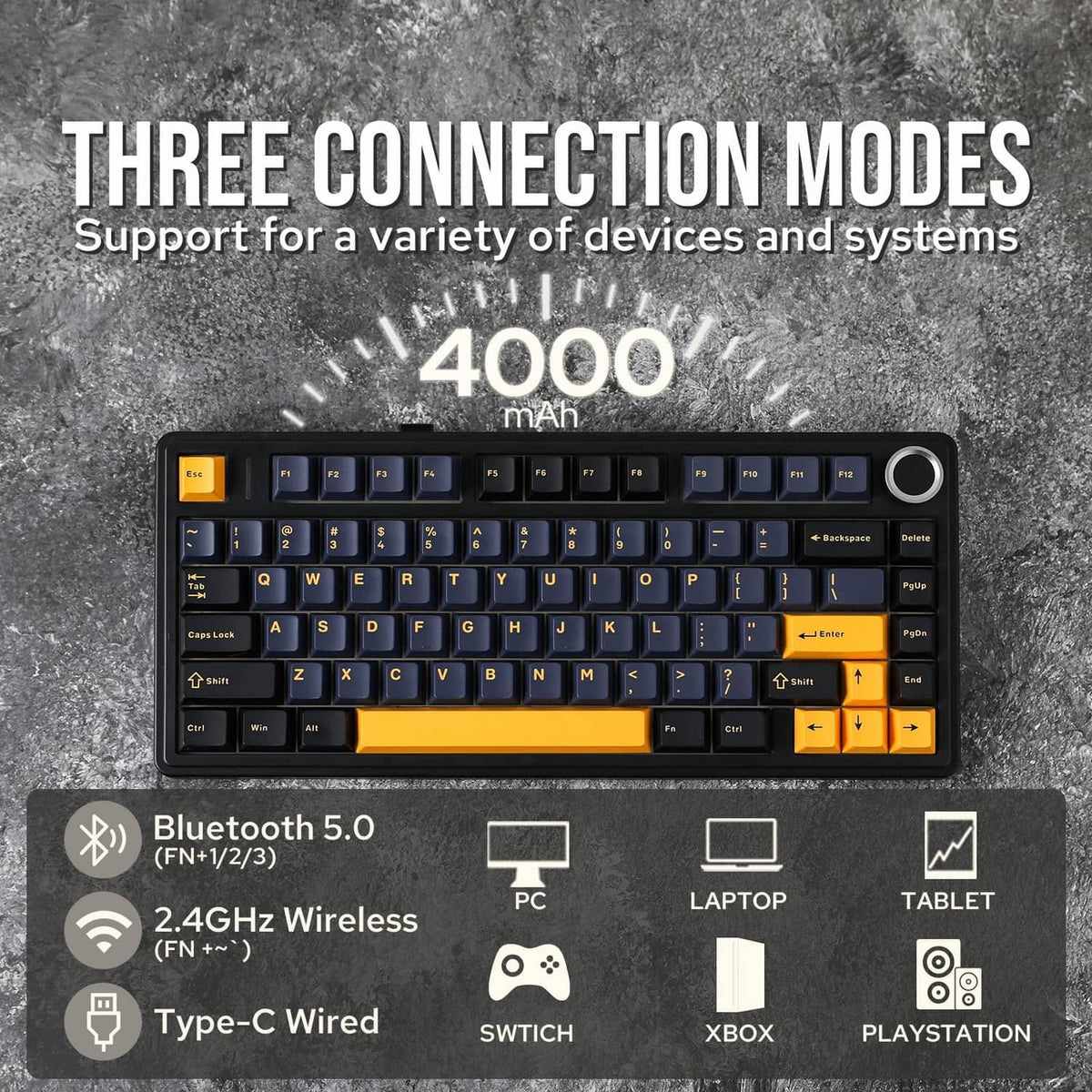 Compact black mechanical keyboard with orange key clusters and round control knob