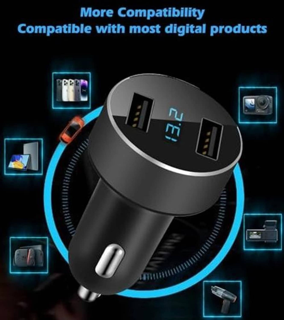 Black dual USB car charger showing two USB ports on a circular face