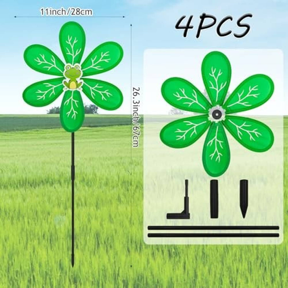 Garden wind spinner set with green and yellow flower heads plus black stake pieces
