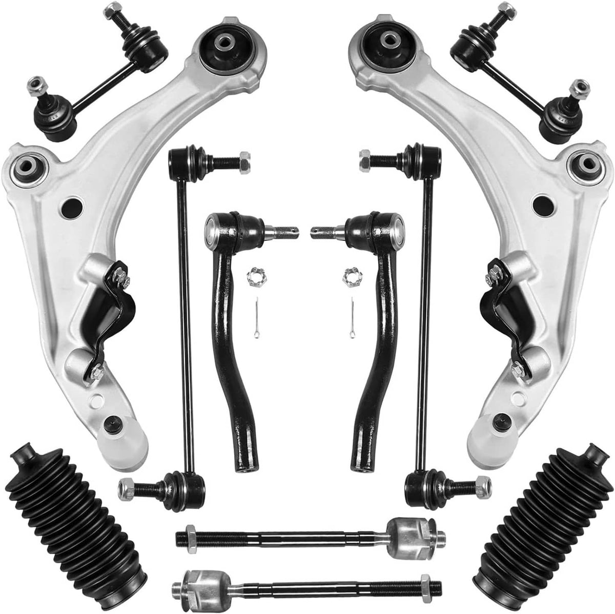 Front suspension control arms with tie rods, sway links, and rubber boots