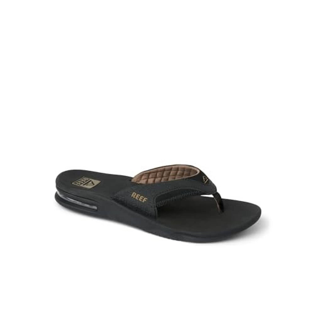 Black flip flops with brown heel strap and contoured air-cushion sole