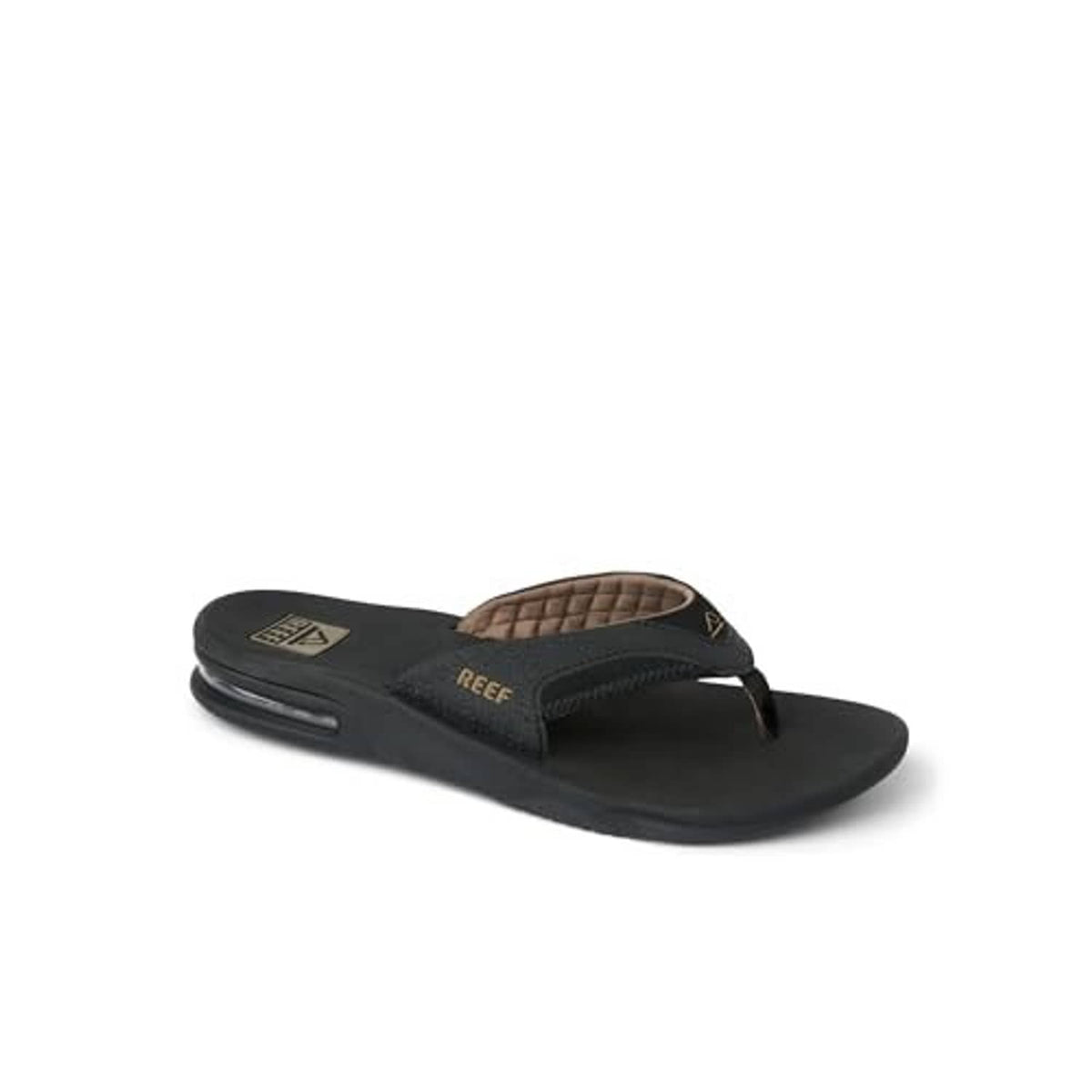 Black flip flops with brown heel strap and contoured air-cushion sole