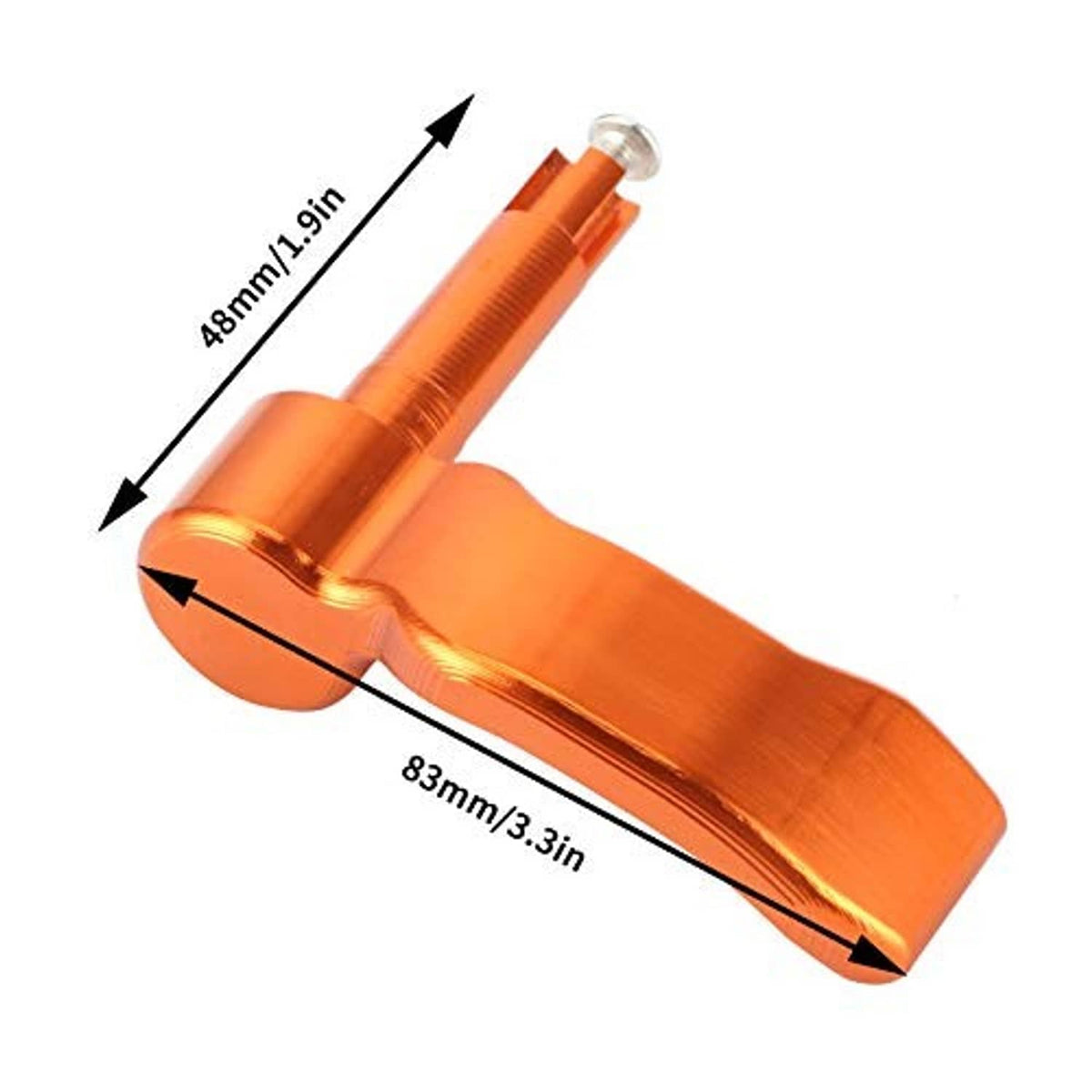 Orange anodized thumb throttle lever with screw and size guide markings