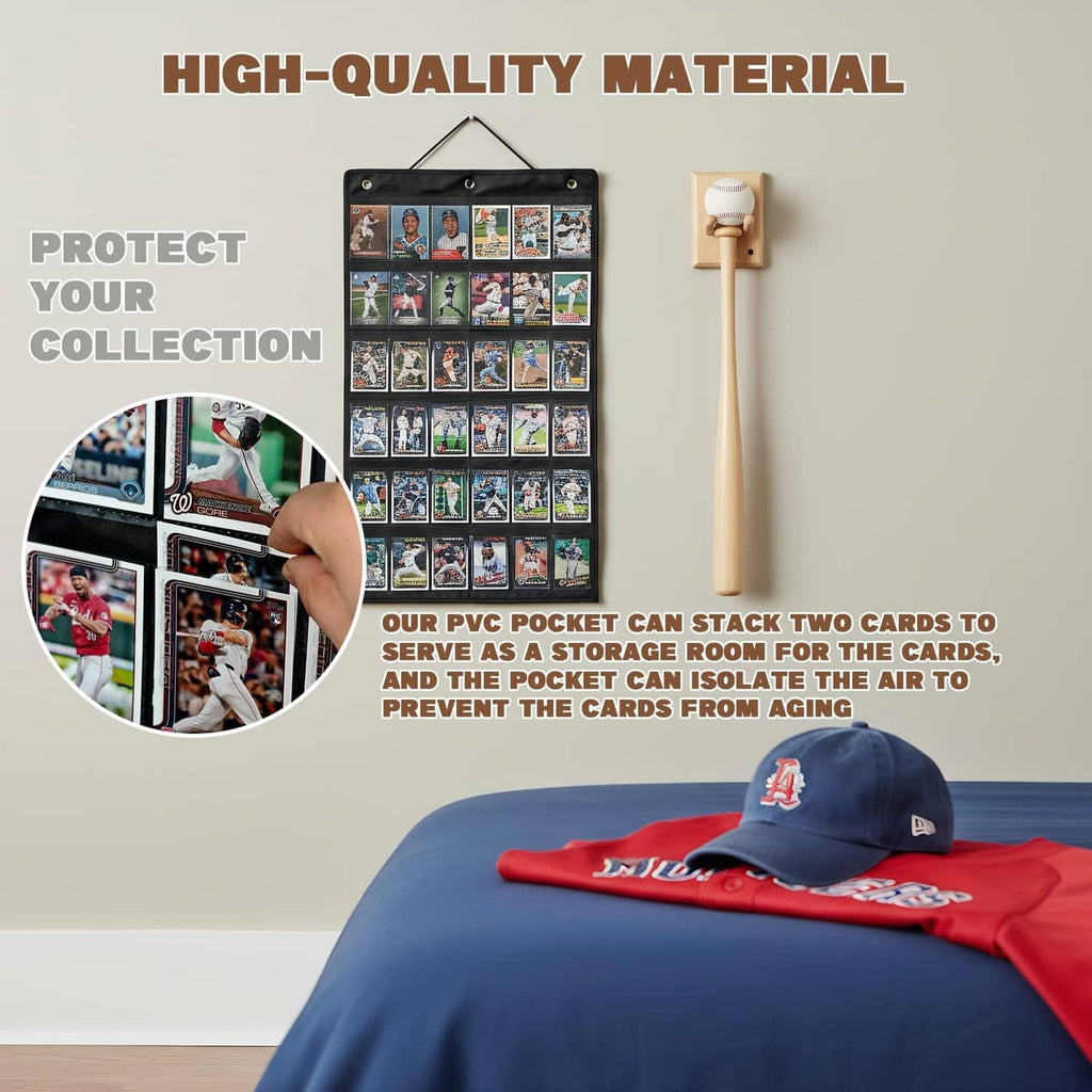Black hanging sports card display bag with clear pocket rows for card protection
