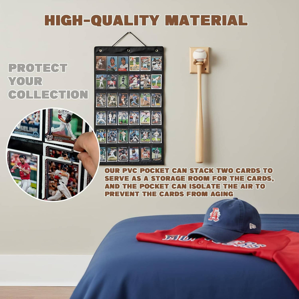 Black hanging sports card display bag with clear pocket rows for card protection