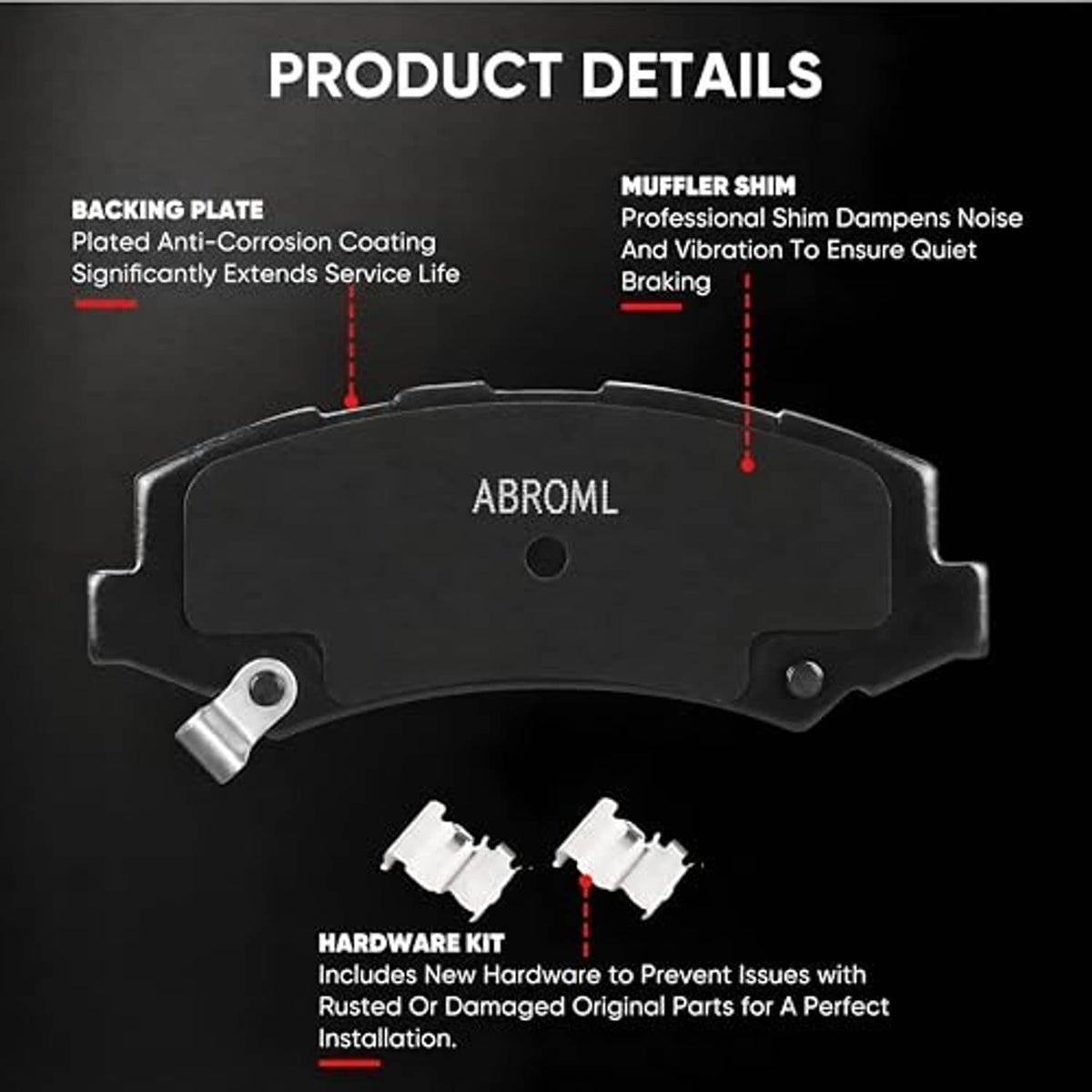 Single gray ceramic brake pad with backing plate and hardware kit pieces