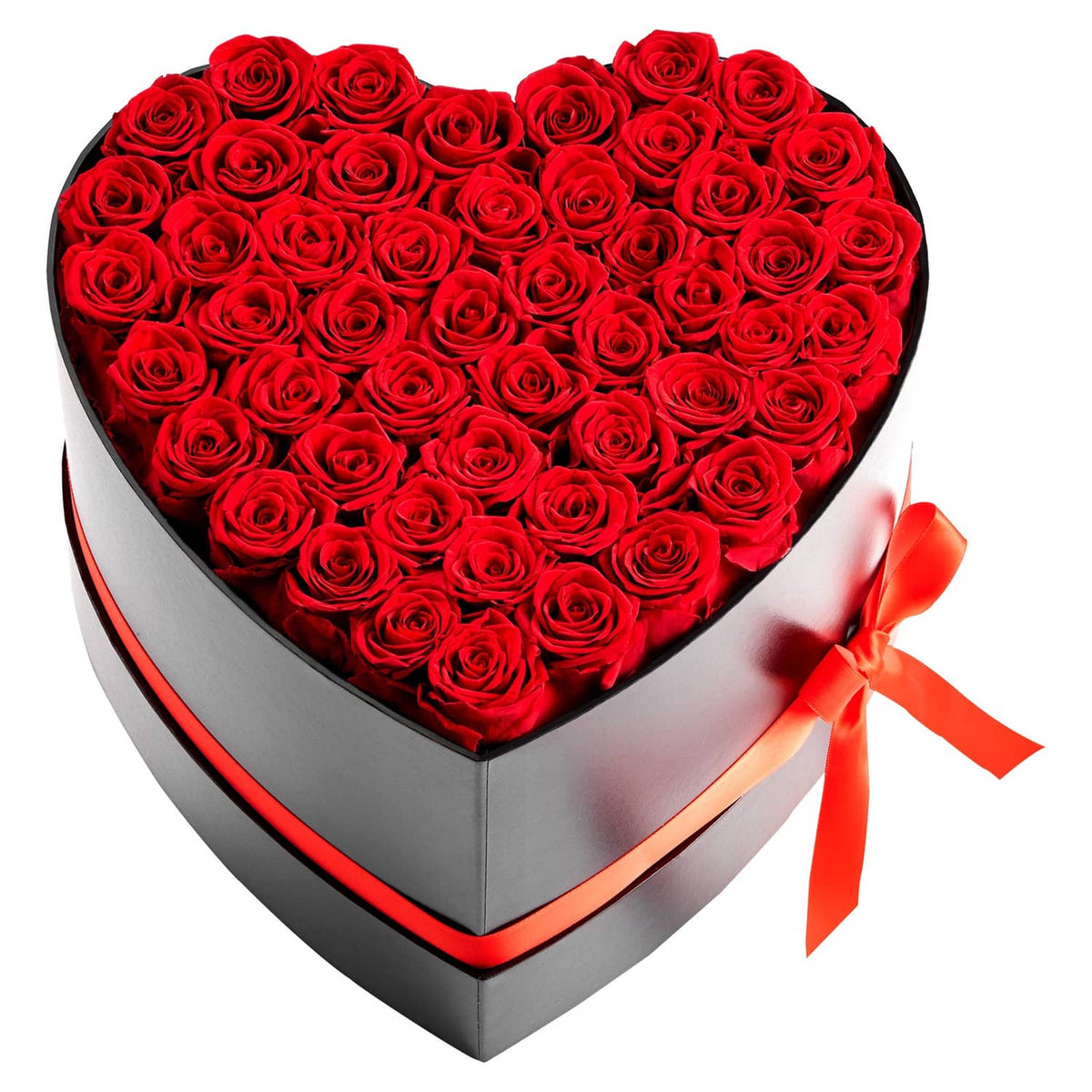 Heart-shaped preserved rose box with dense red roses and red ribbon on black lid