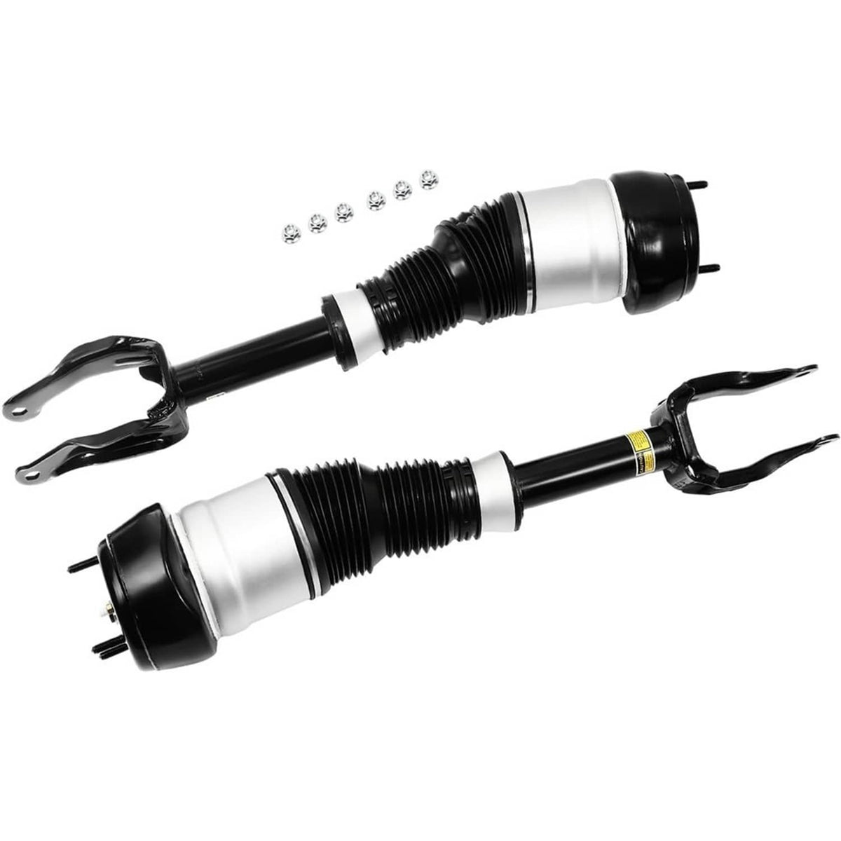Front air suspension shock struts with included mounting hardware, silver and black