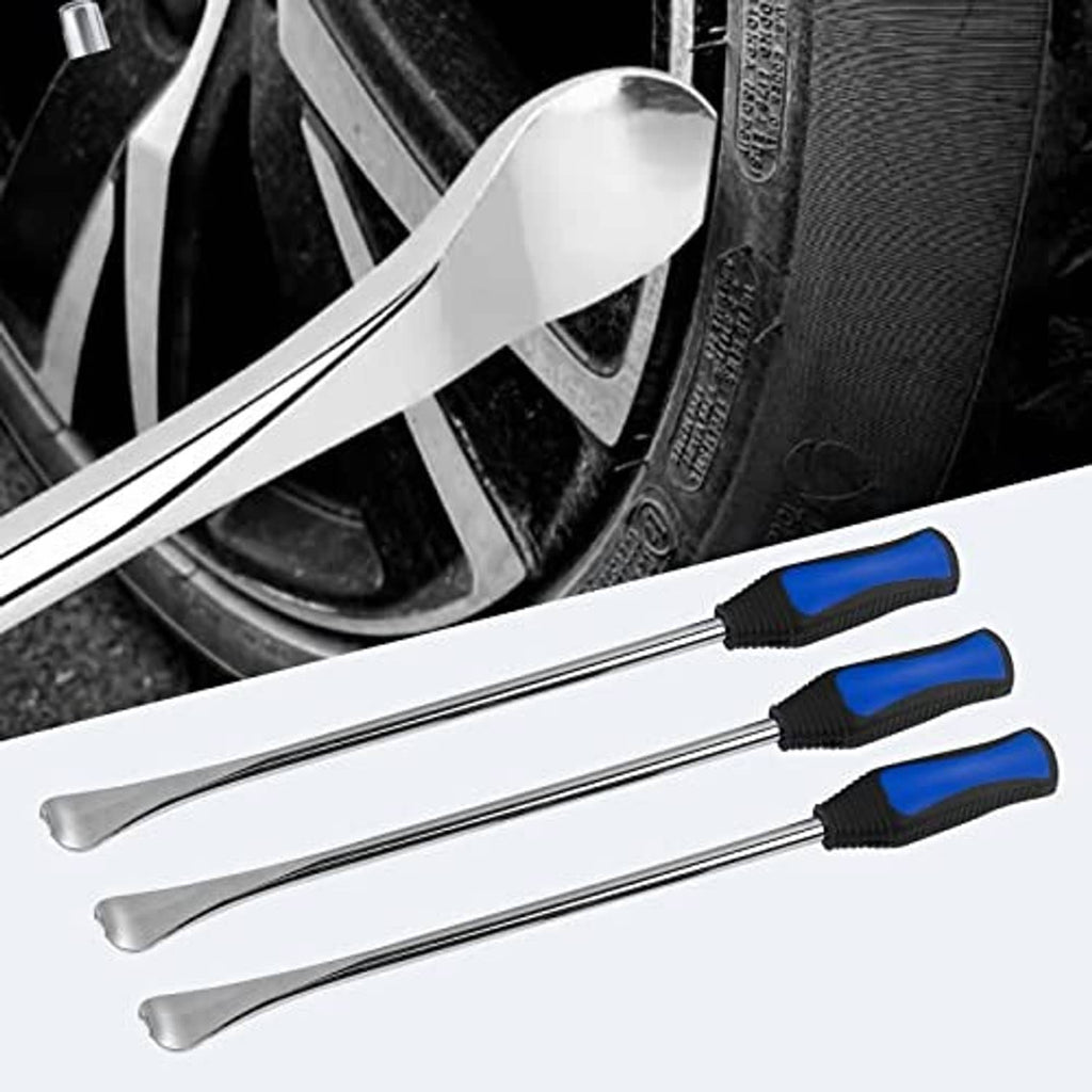 Tire spoon set with four long steel levers and blue non-slip rubber grips