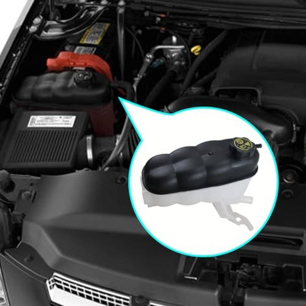 Engine coolant reservoir tank installed in engine bay, shown with cap and hose