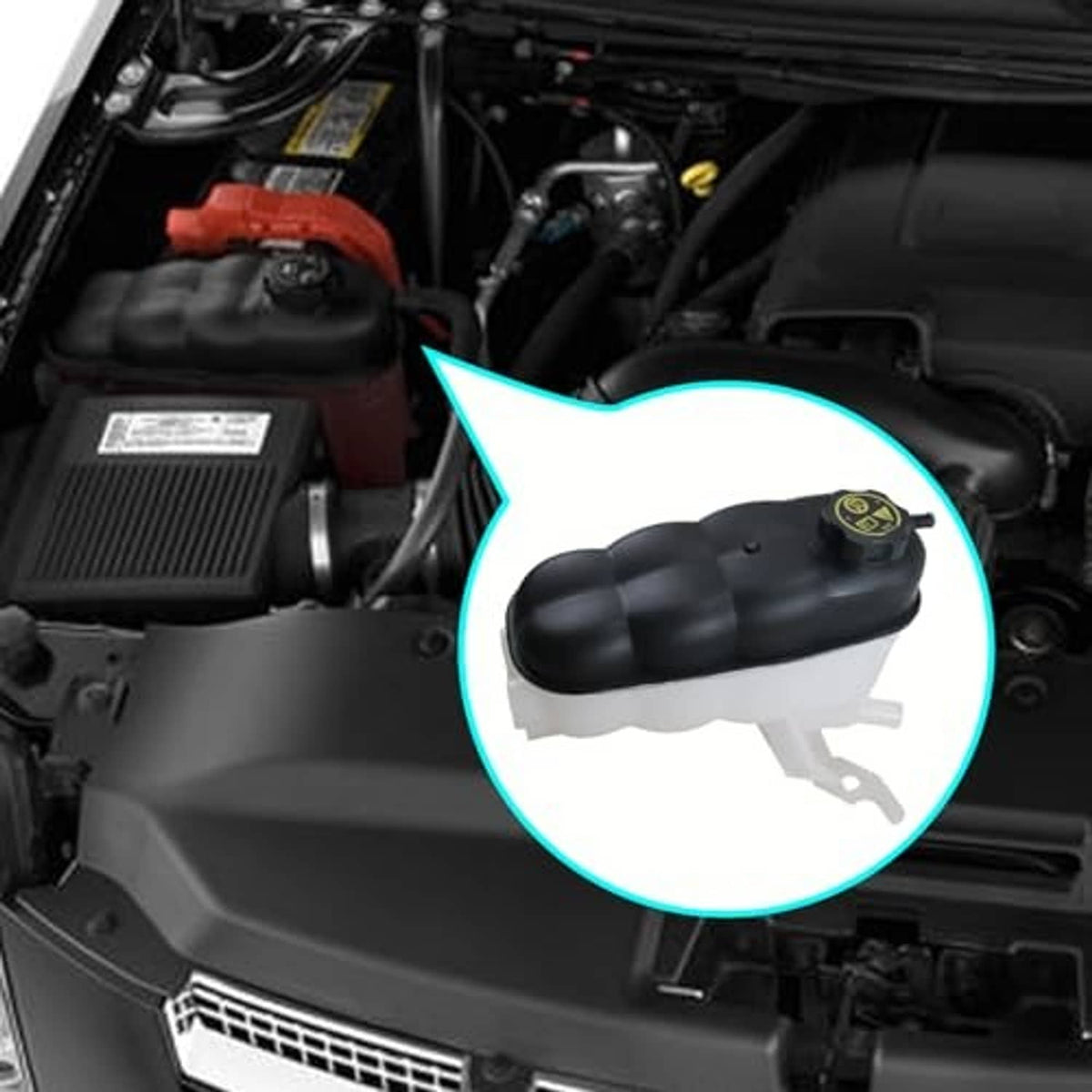 Engine coolant reservoir tank installed in engine bay, shown with cap and hose