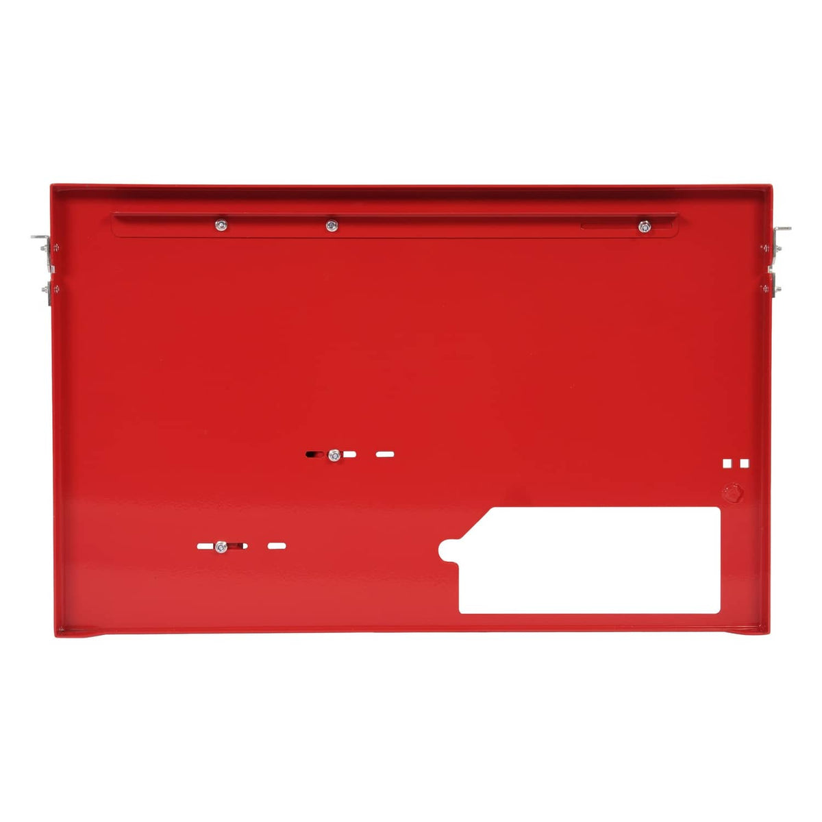 Red powder-coated side-mount grass catcher frame with mounting holes and hardware