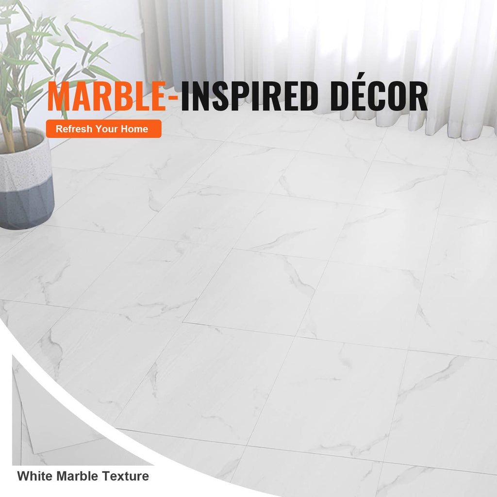 White marble-pattern vinyl floor tiles installed in a tiled floor layout