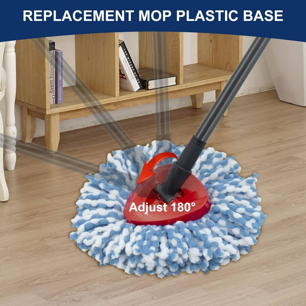 Red plastic replacement mop base with black pole and blue microfiber mop head