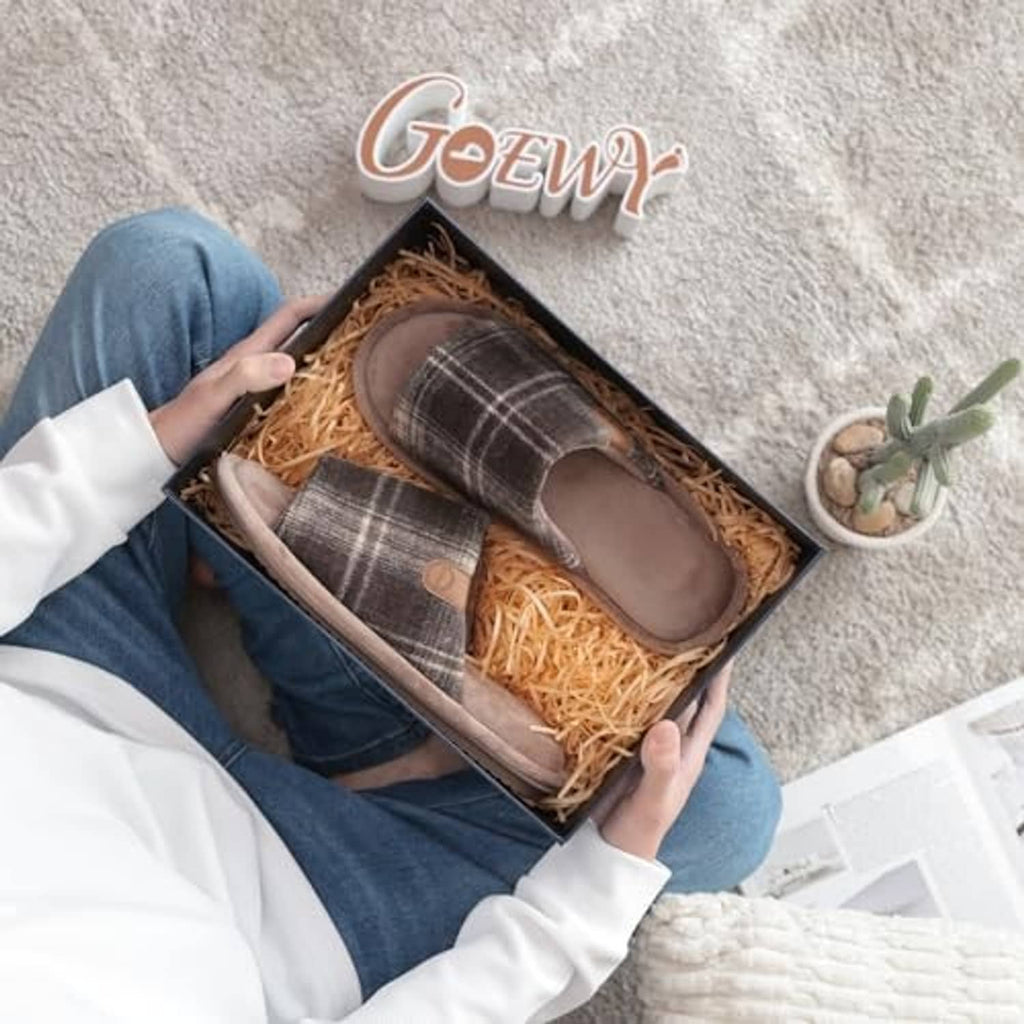 Brown plaid open-toe slippers in a gift box with tan cushioned interior