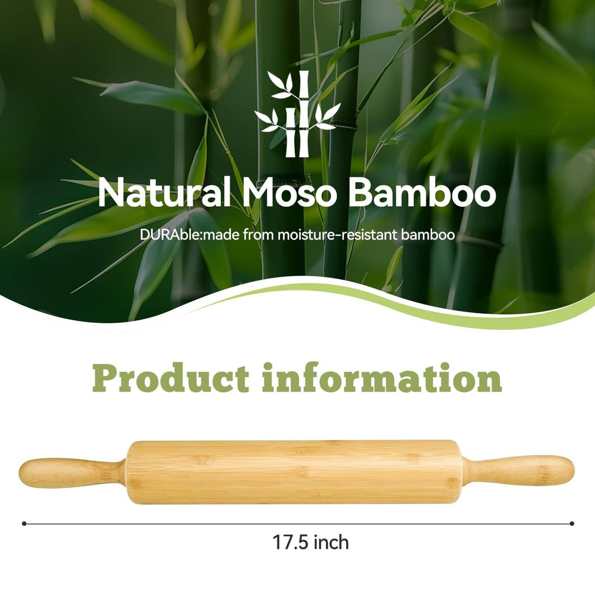 Bamboo rolling pin, 17.5-inch long dough roller with two curved grips