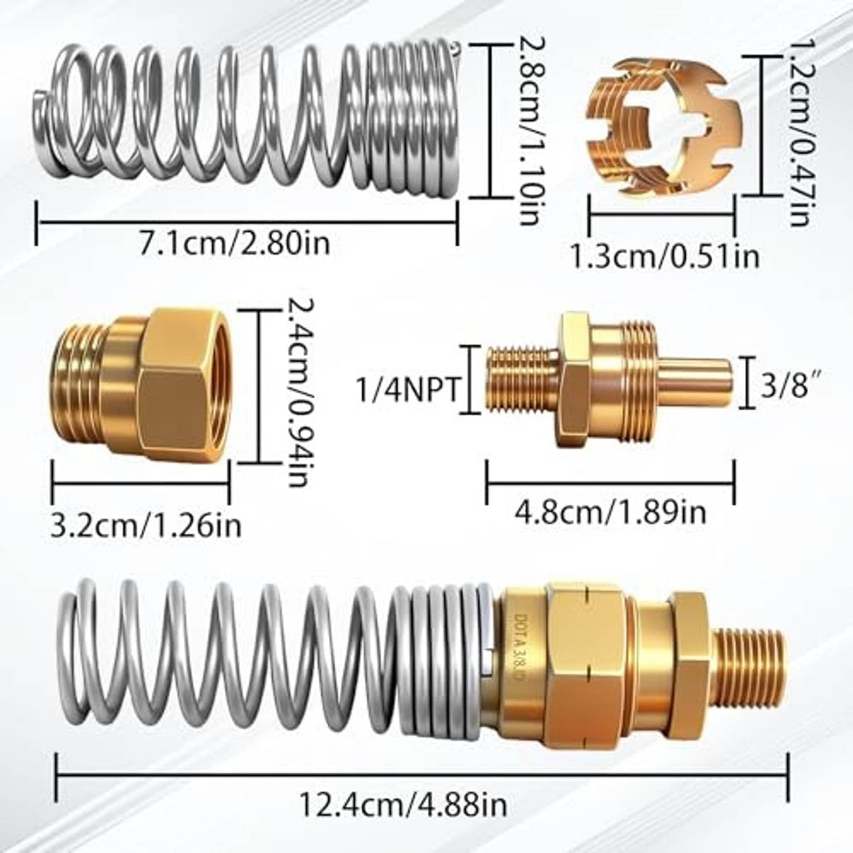 Brass air brake hose end fitting kit with coiled spring and threaded connector parts