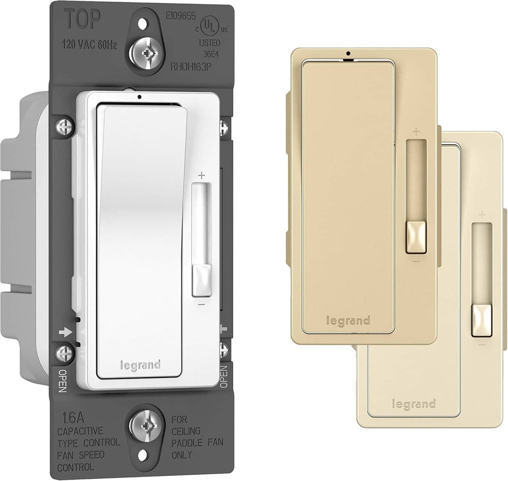 White fan speed control switch with matching gold decorative wall plates