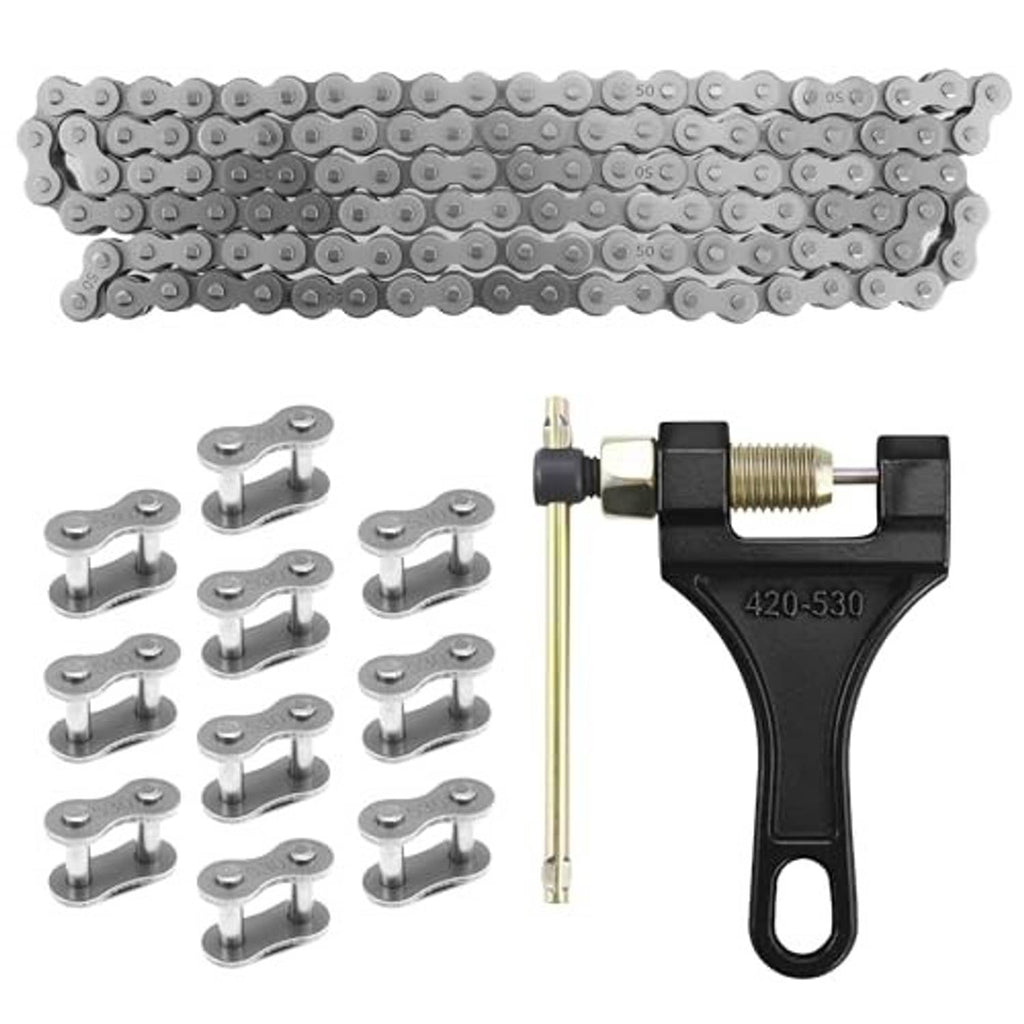 Motorcycle drive chain kit with light gray 120-link chain, spare connecting pins, and chain breaker