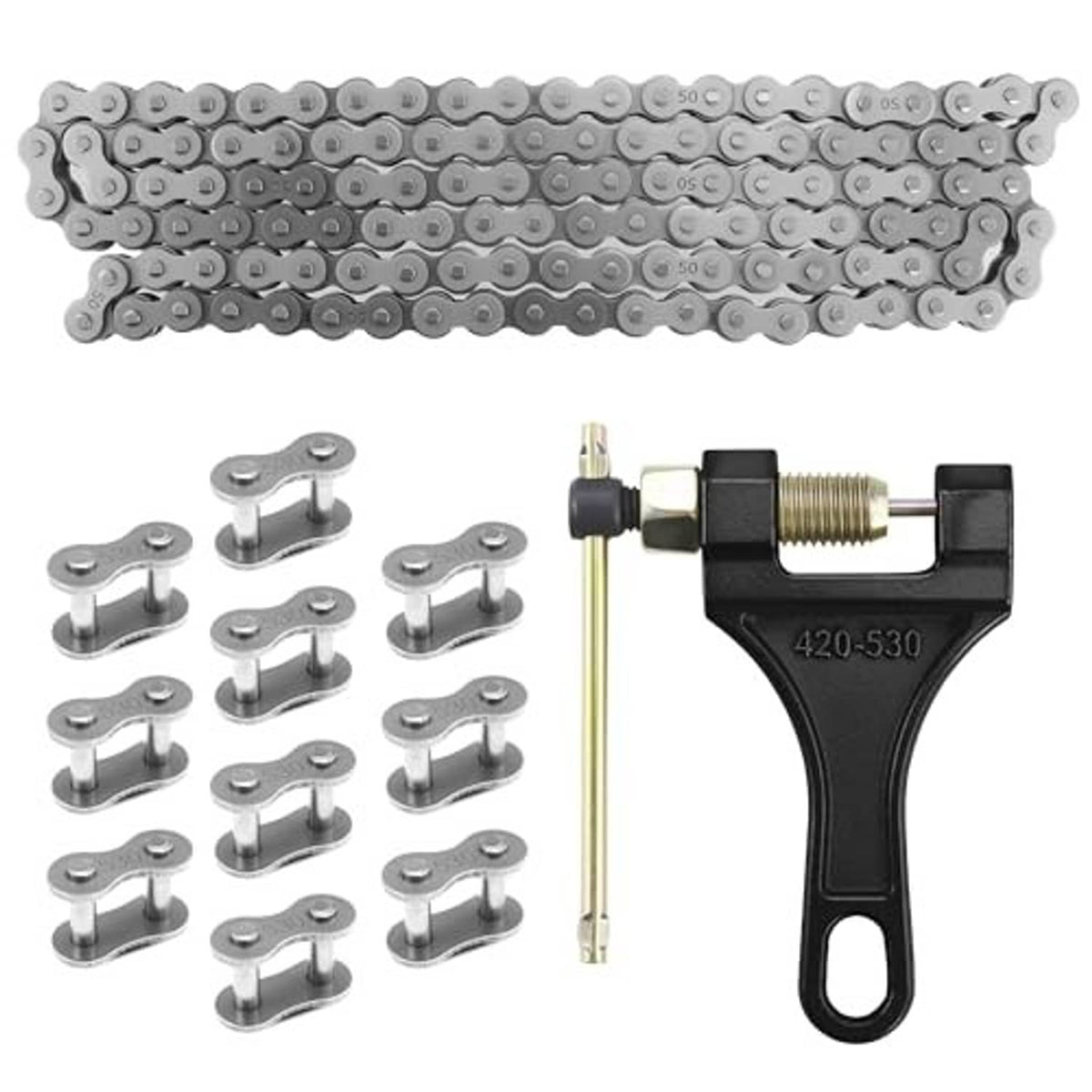 Motorcycle drive chain kit with light gray 120-link chain, spare connecting pins, and chain breaker