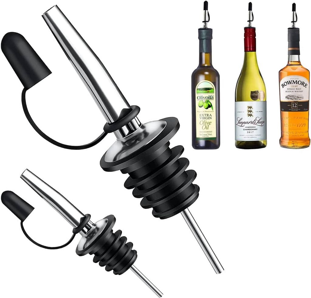 Bottle pour spouts with black dust caps, shown next to bottles