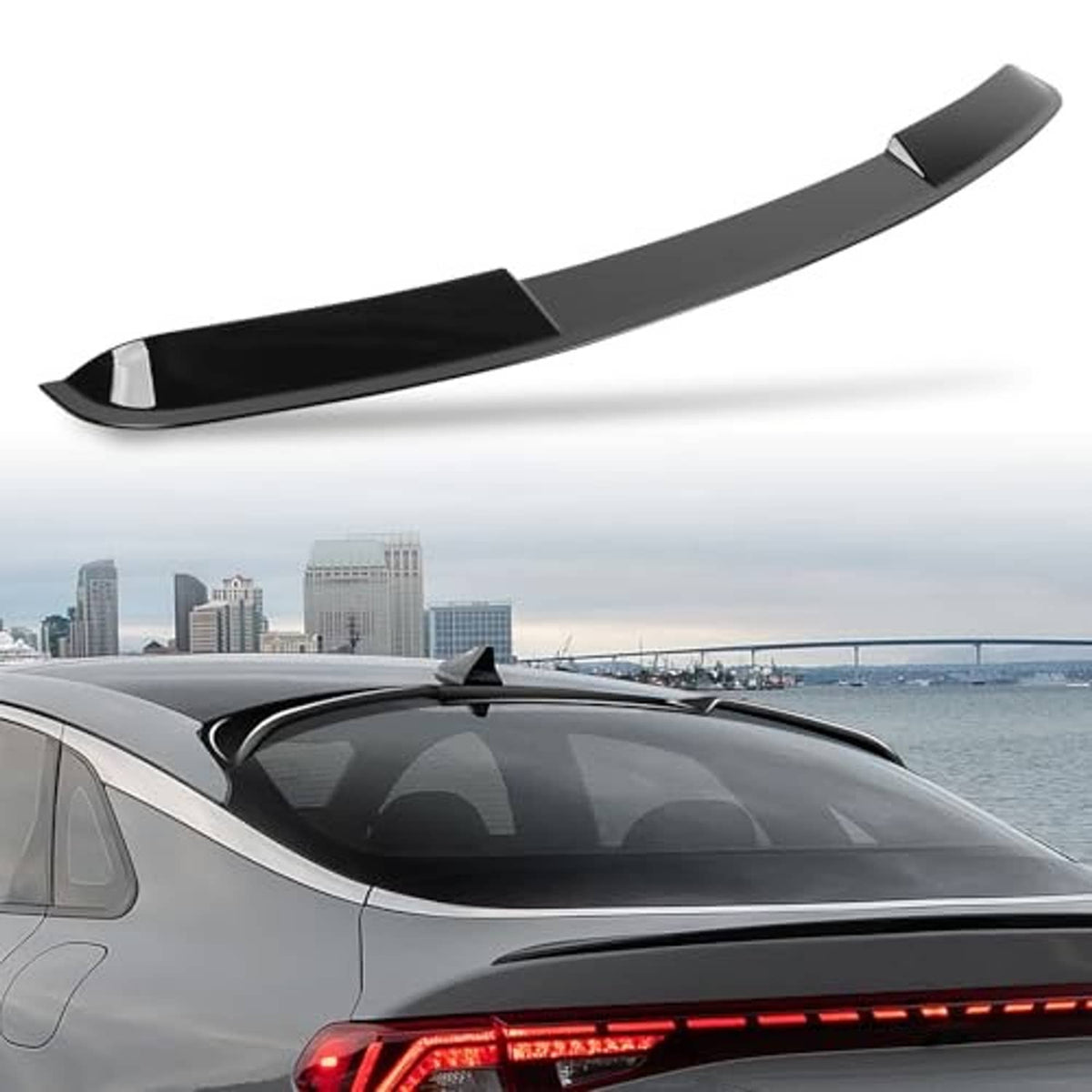 Glossy black roof spoiler for Kia K5 sedan with curved rear lip profile