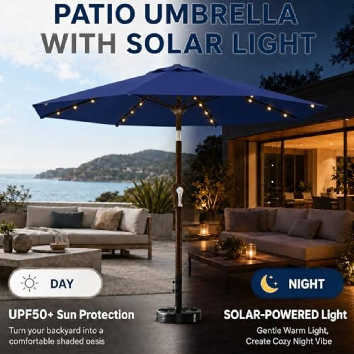 Navy patio table umbrella with solar string lights and tall center pole.
