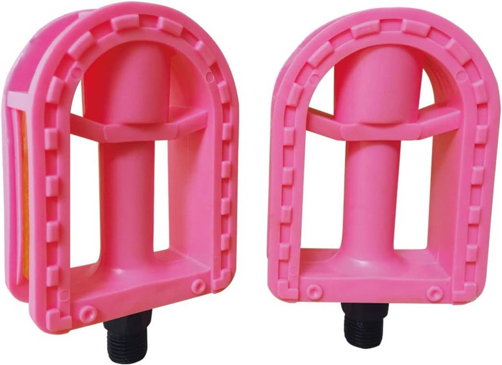 Front view of pink resin kids bike pedals with black spindles and cage grips