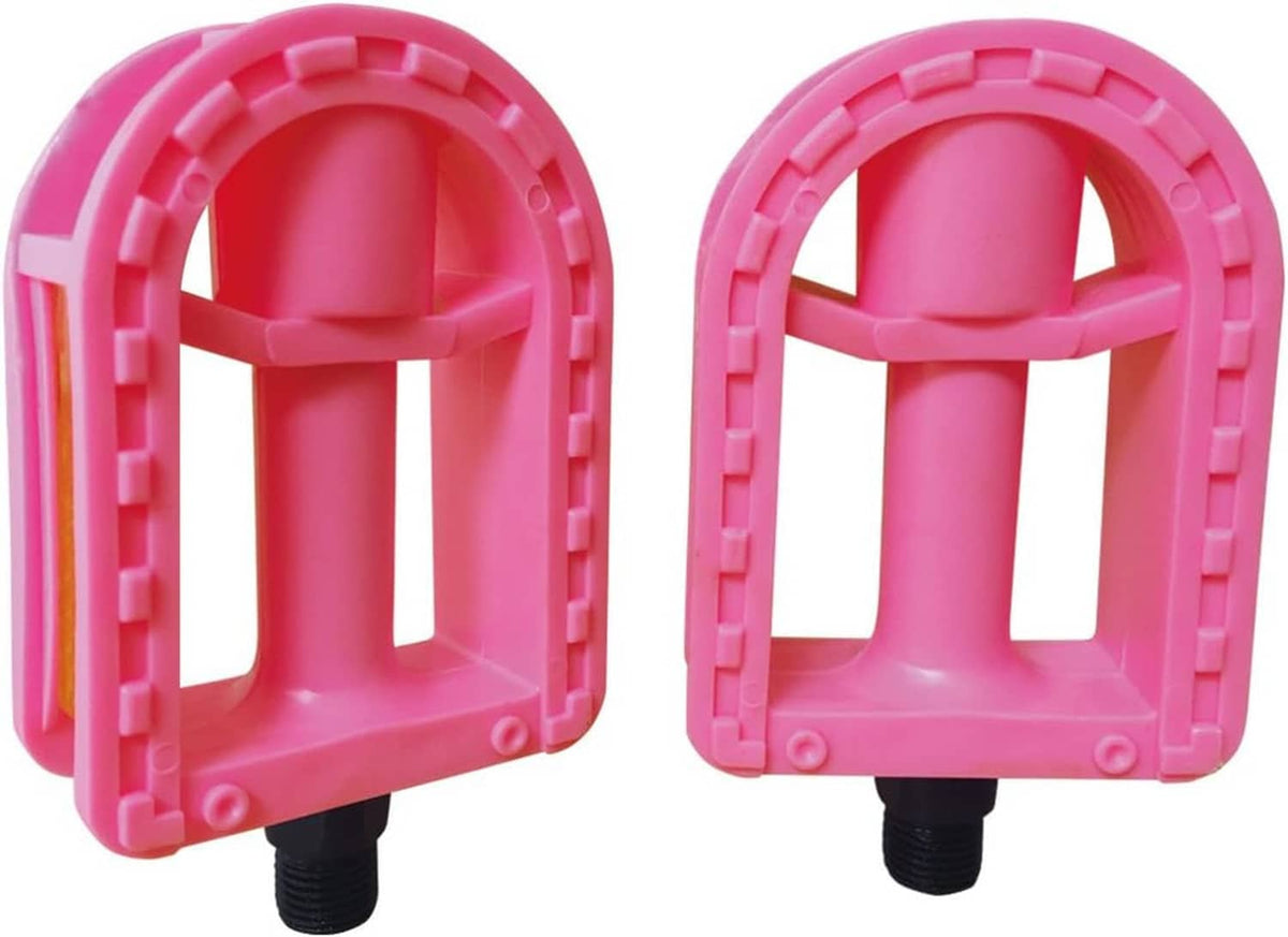 Front view of pink resin kids bike pedals with black spindles and cage grips
