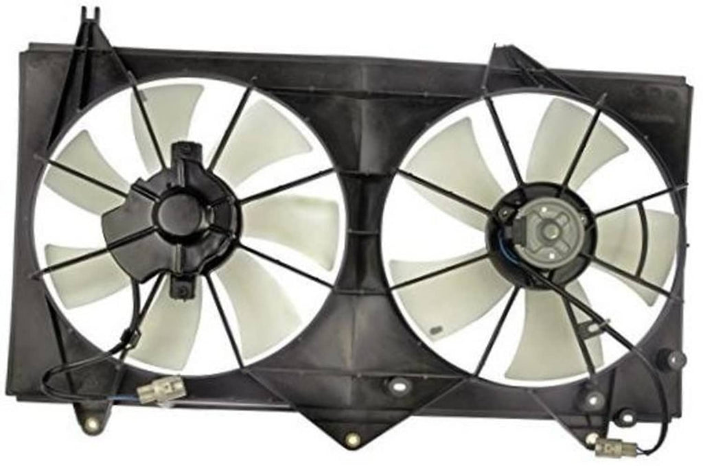 Engine cooling fan assembly with two white-blade fans in black shroud