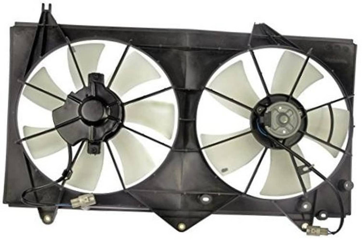 Engine cooling fan assembly with two white-blade fans in black shroud