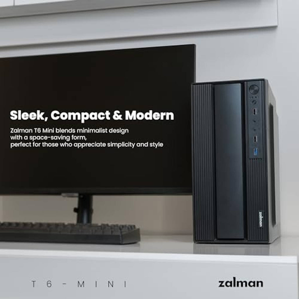 Compact micro ATX desktop PC case with ribbed front and top vented grill in dark finish
