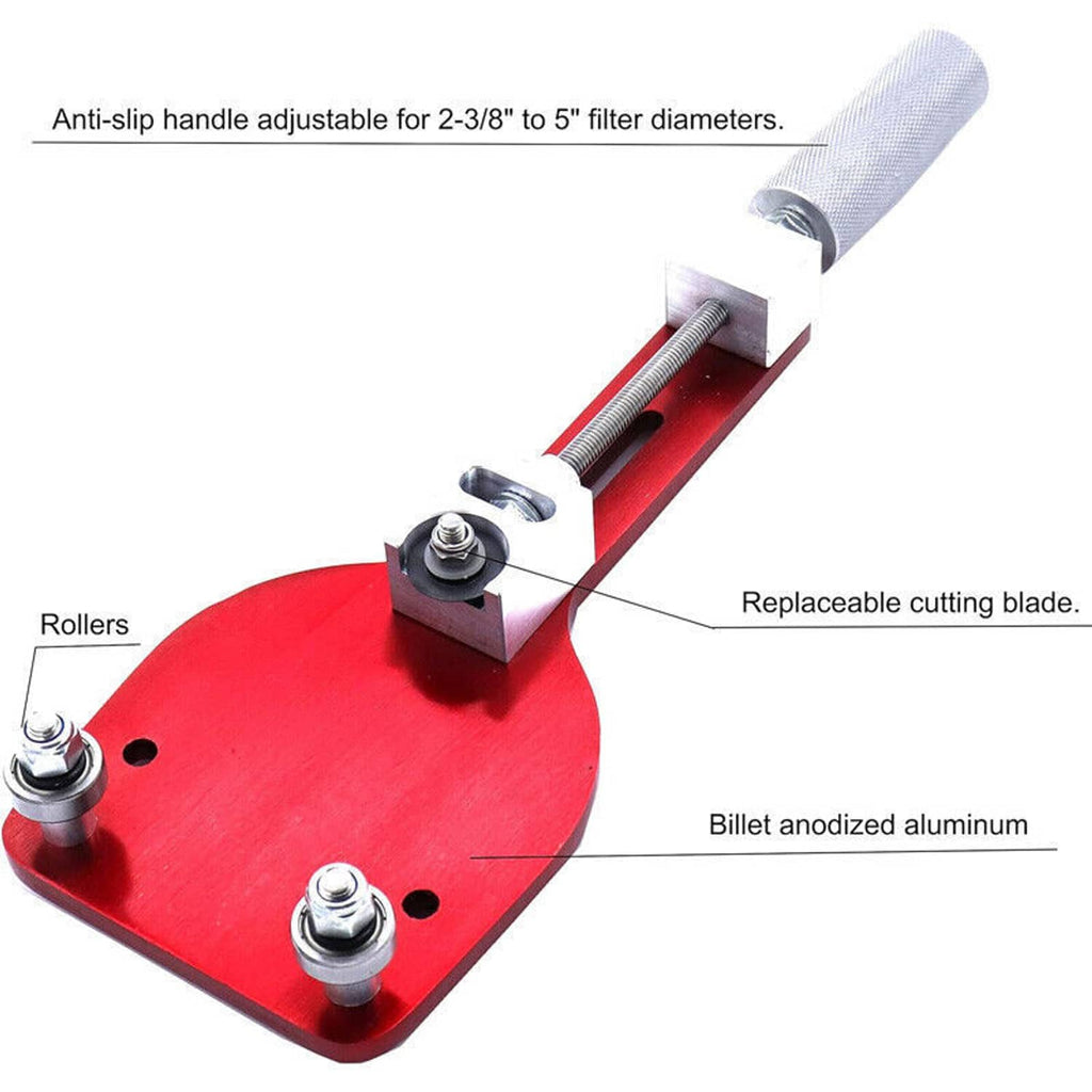 Oil filter cutter tool with anti-slip adjustable handle, replaceable blade, and rollers