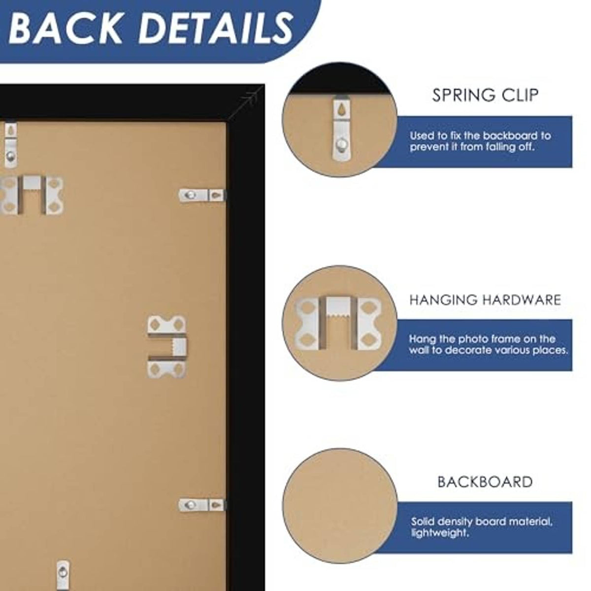 Back view of a black photo frame with spring clip and hanging hardware