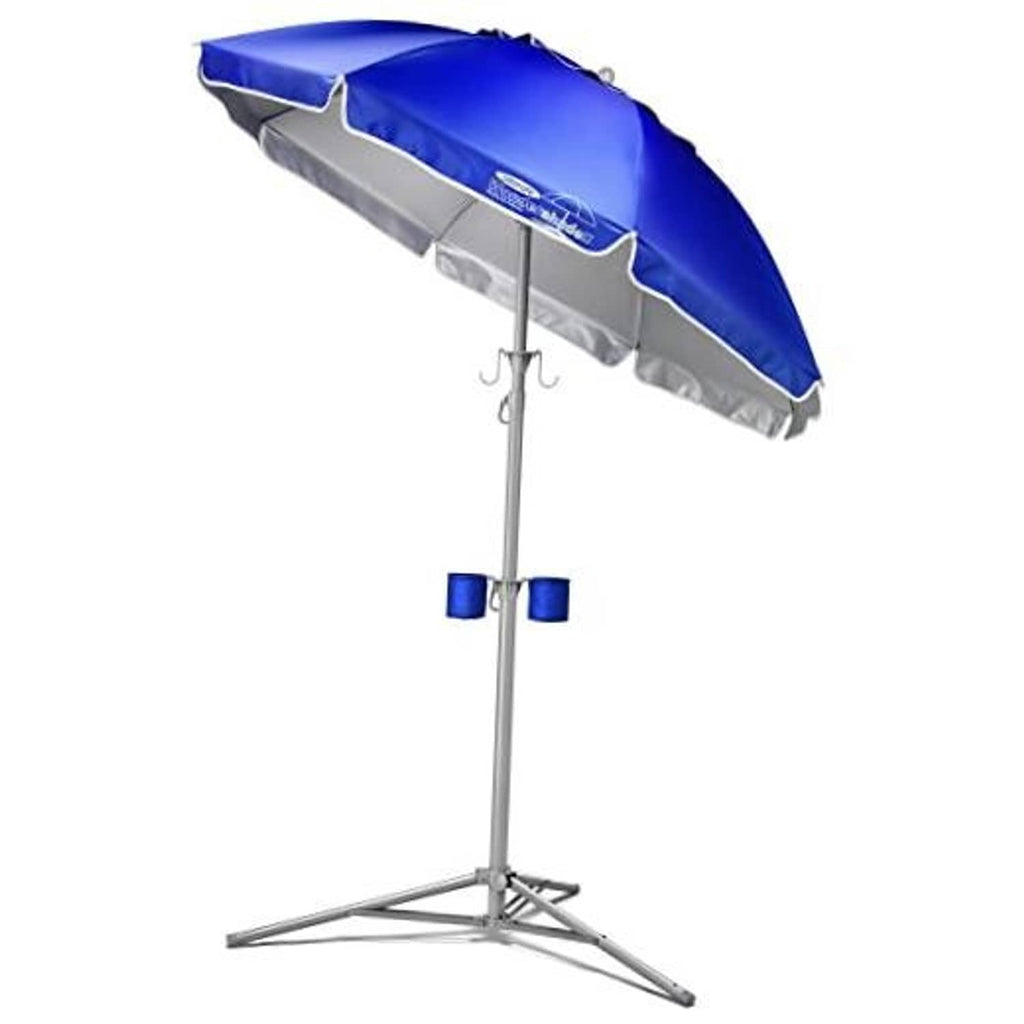 Royal blue portable sun shade umbrella with gray fringe and tripod stand, including cup holders