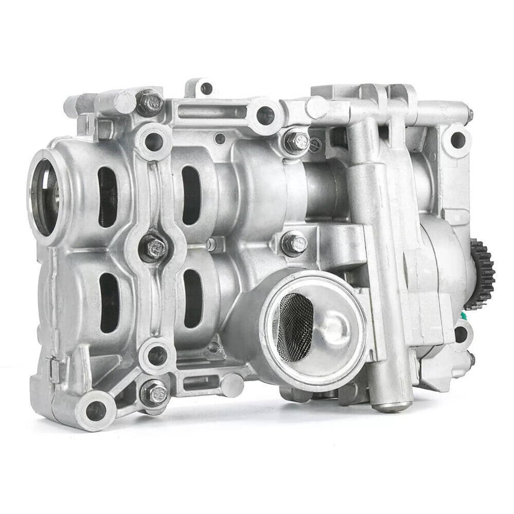 Shaft balance oil pump assembly, rear side view with inlet filter opening and gear end