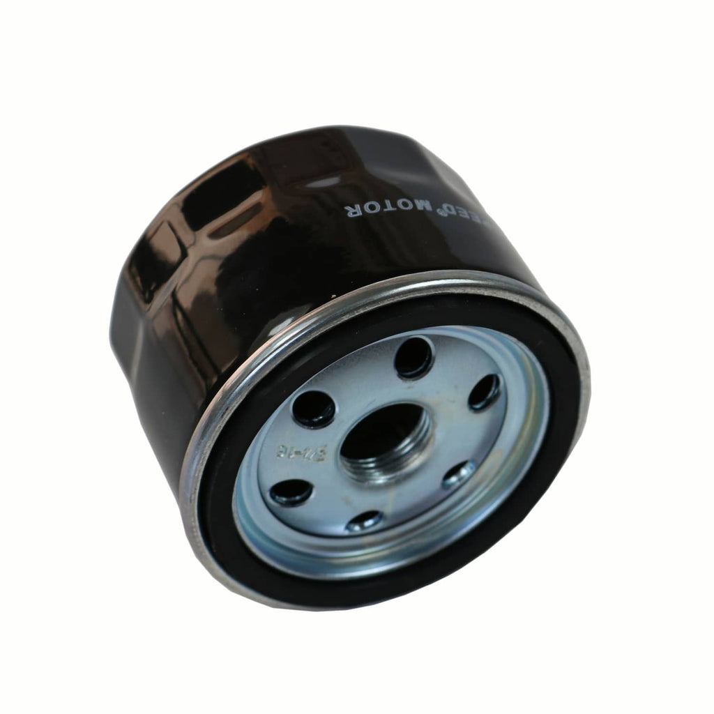 Black oil filter with silver metal end cap and four mounting holes