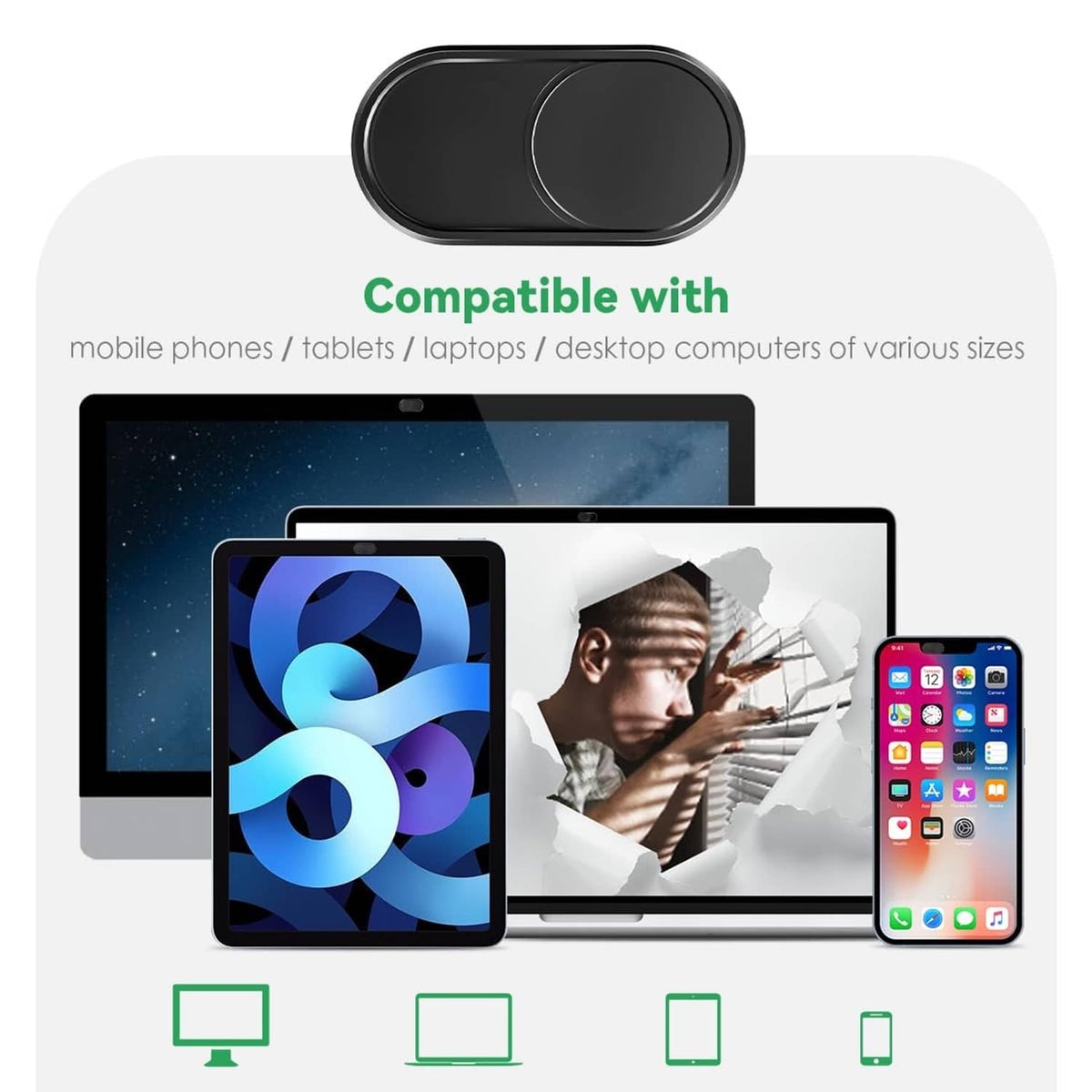 Black webcam slide cover covering a laptop camera module with an oval shutter