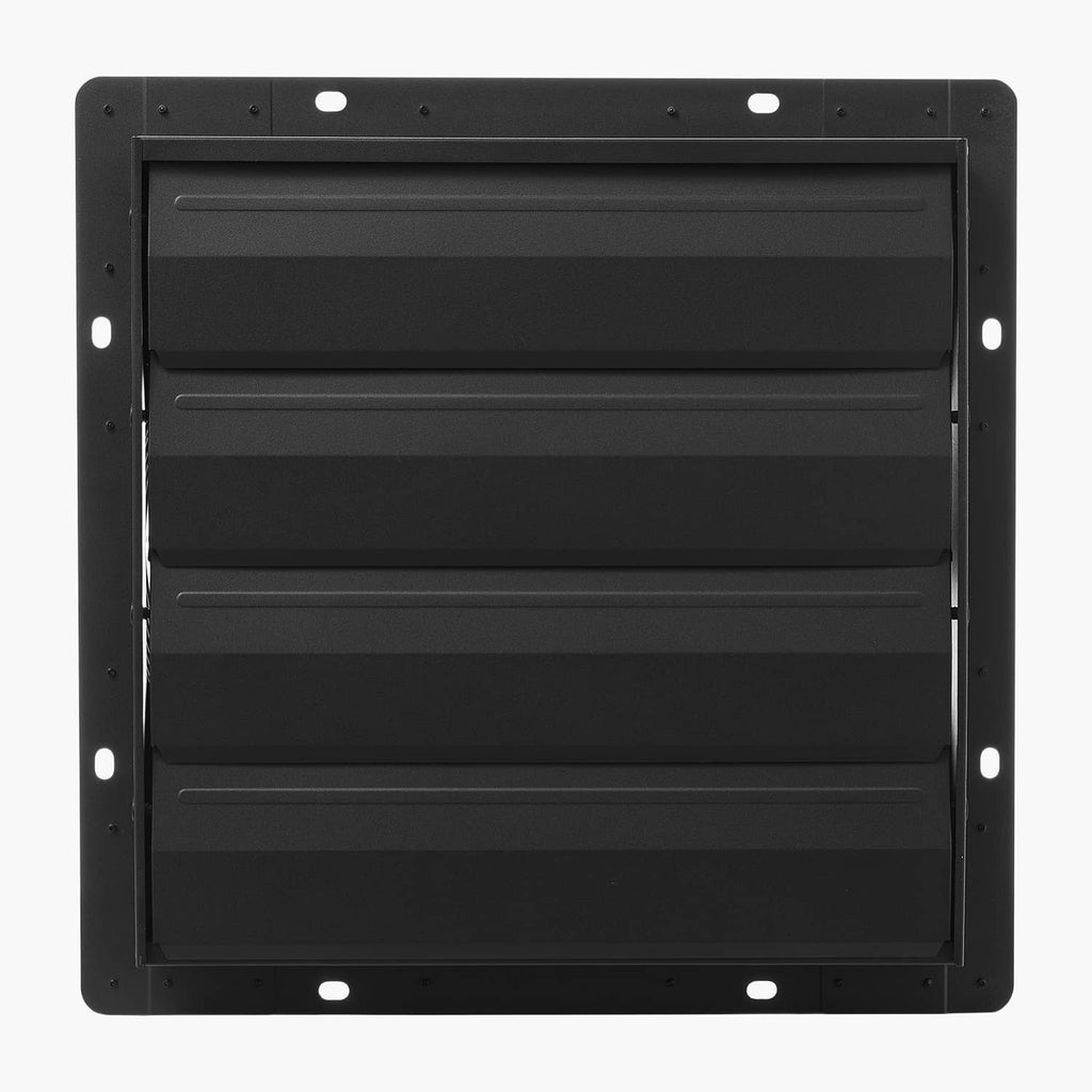 Black wall-mounted shutter exhaust fan louver cover with rectangular mounting frame