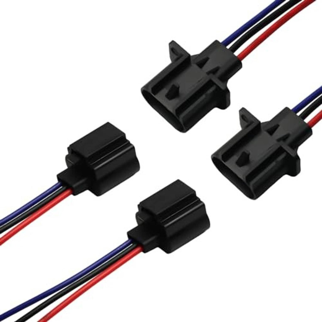 Headlight socket converter kit showing two black connector pairs with red, blue, and black wires