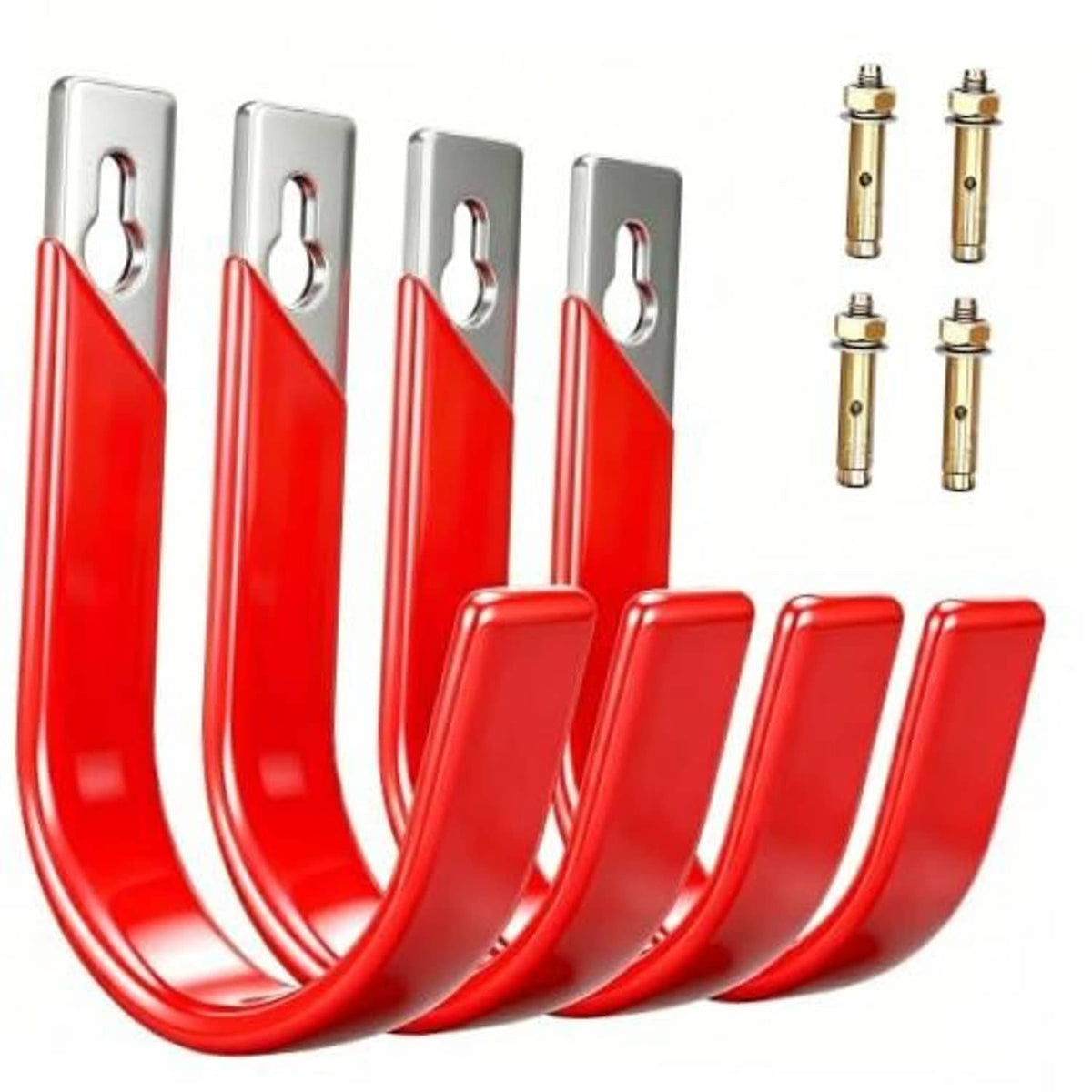 Red U-shaped garage wall hook set with silver mounting plates, 4-pack