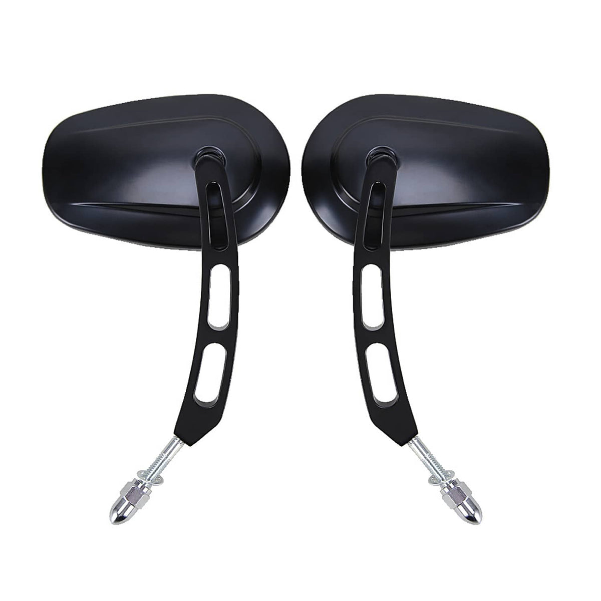 Black rear view mirror pair with long arms and chrome mounting bolts, studio view.