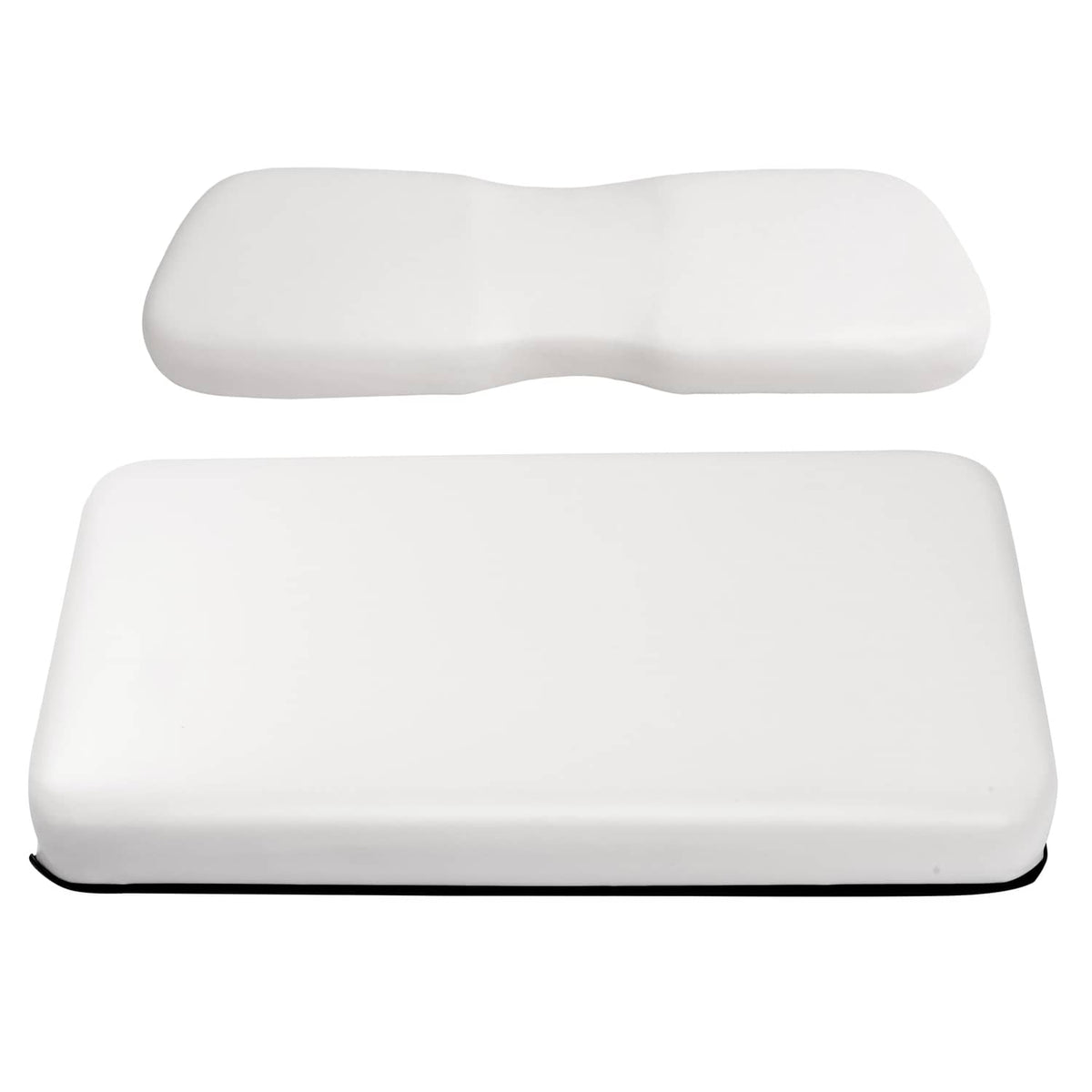 White seat bottom and seat backrest cushions with black edge base trim