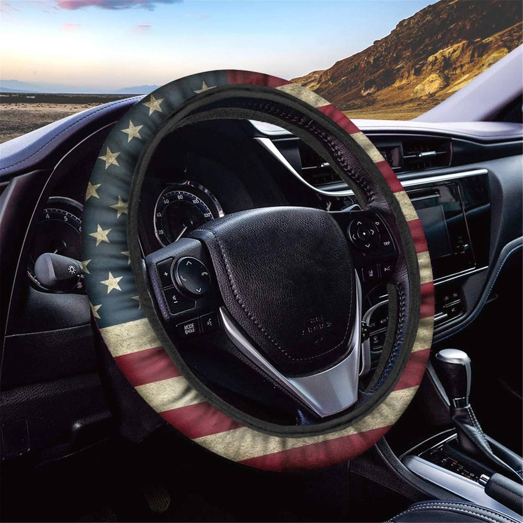 American flag steering wheel cover with stars and stripes, black trim, installed on wheel