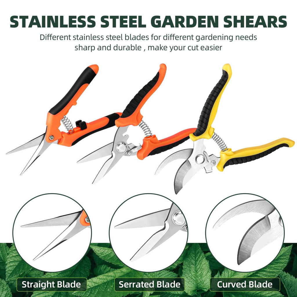 3 garden shears with stainless blades: straight, serrated, and curved profiles