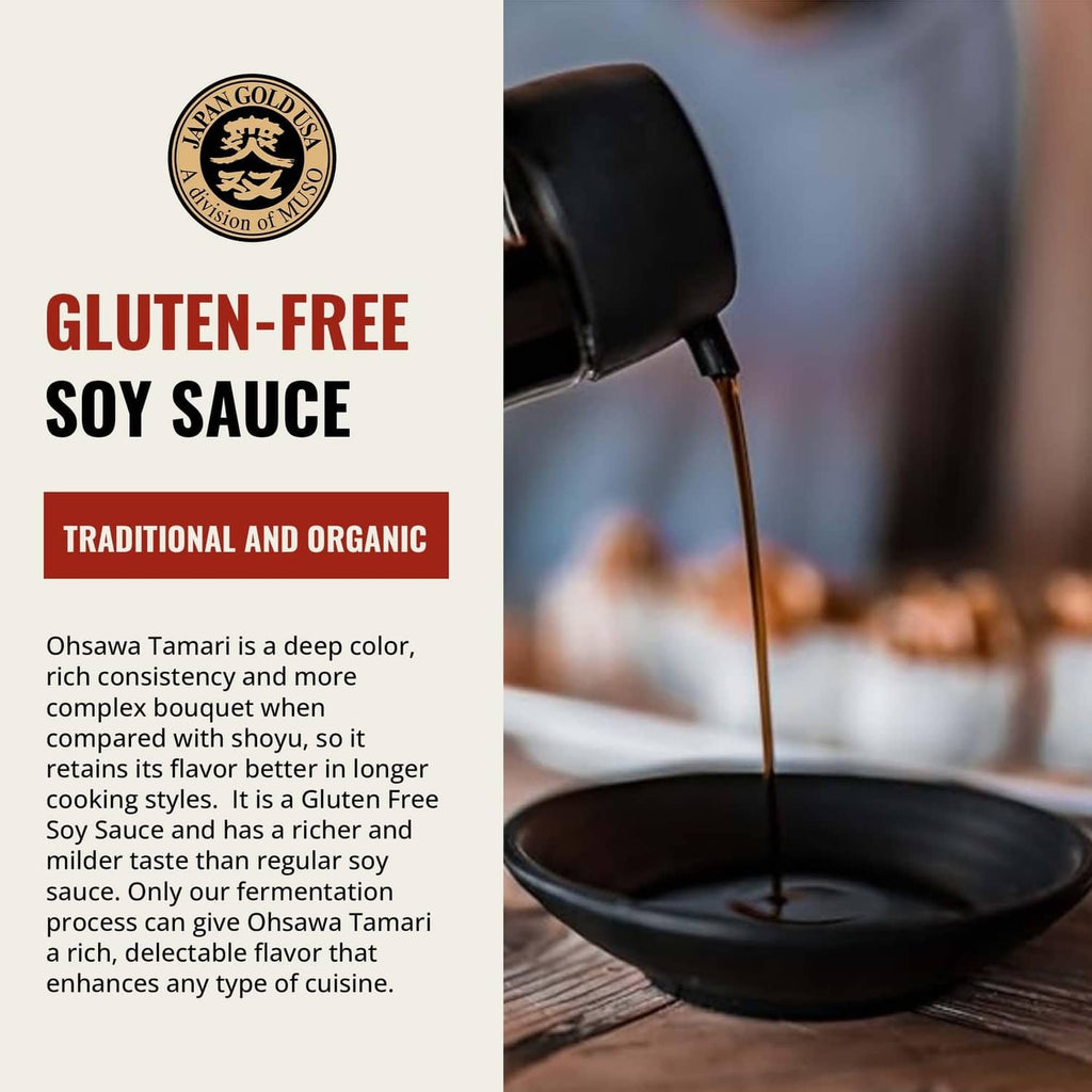 Tamari soy sauce bottle pouring dark sauce stream from spout