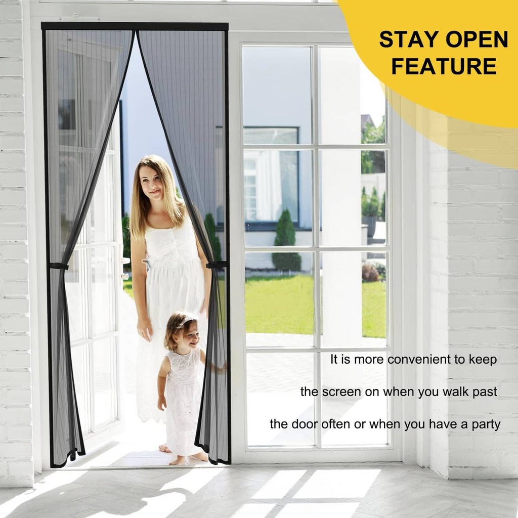 Black magnetic screen door with one mesh panel held open